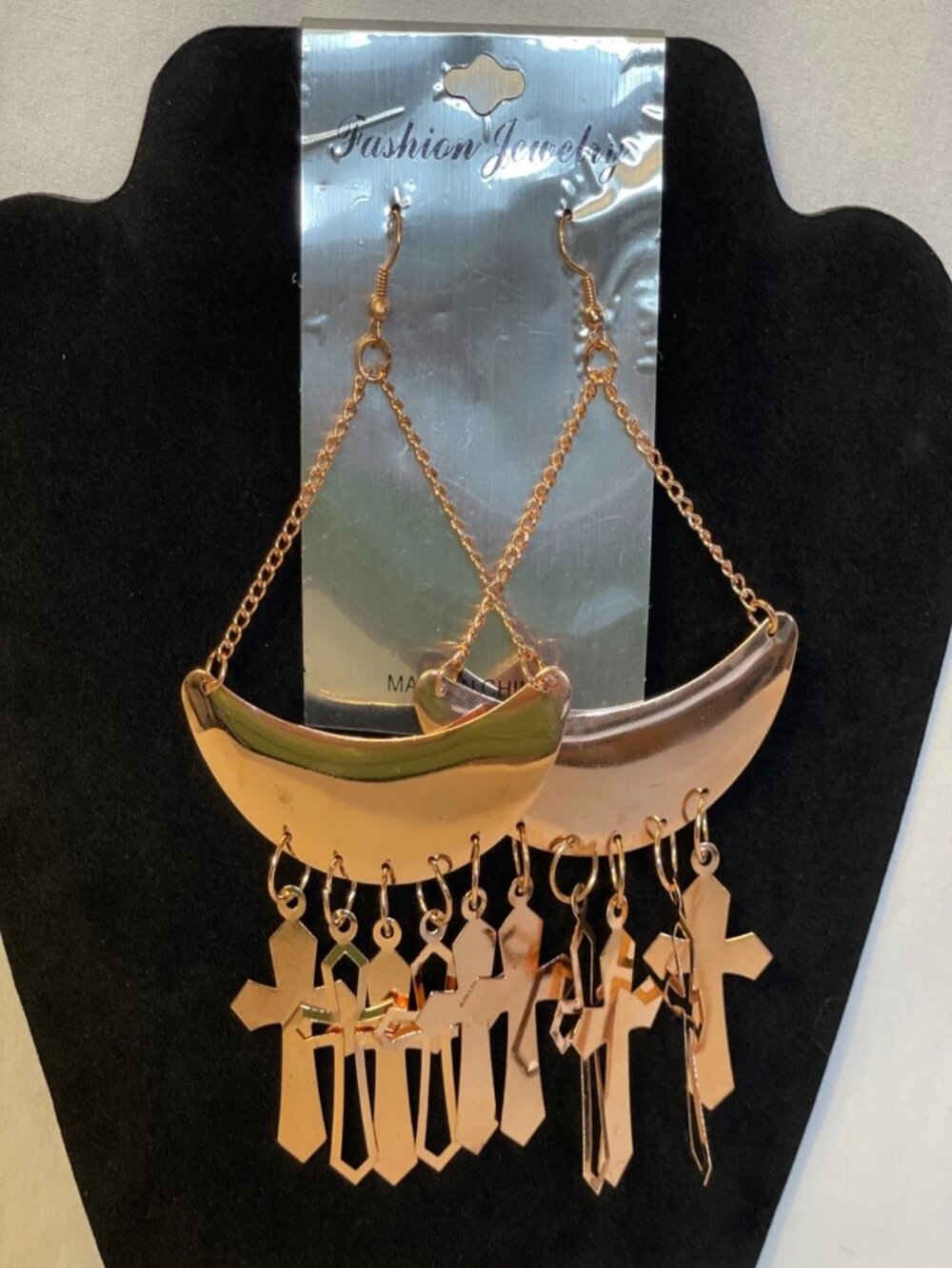 Statement Crescent Moon Dangle Earrings Boho Copper Tone Chandelier Cross Charms - Picture 10 of 10